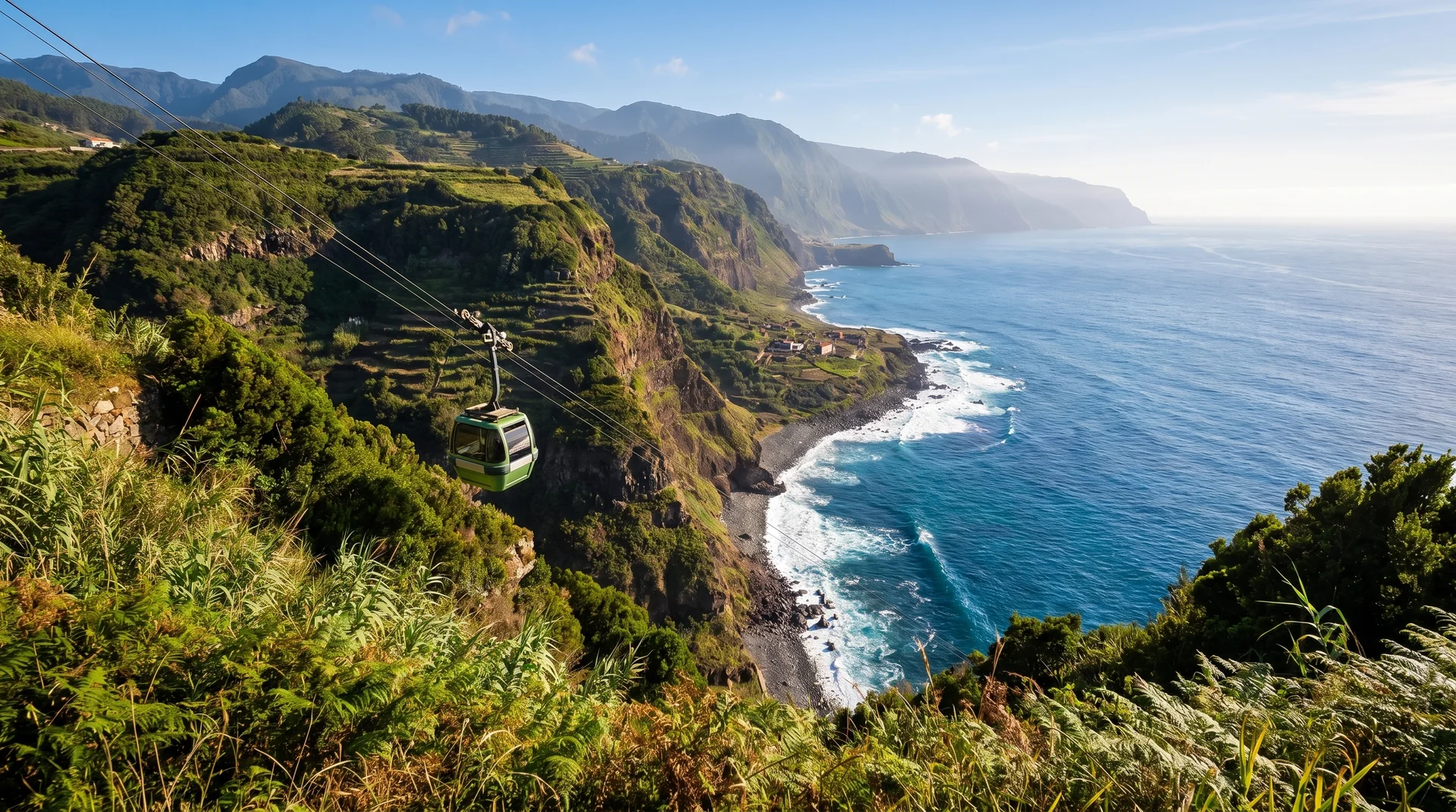 Achadas da Cruz cable car descent and Fajã cliff panorama, northwest Madeira