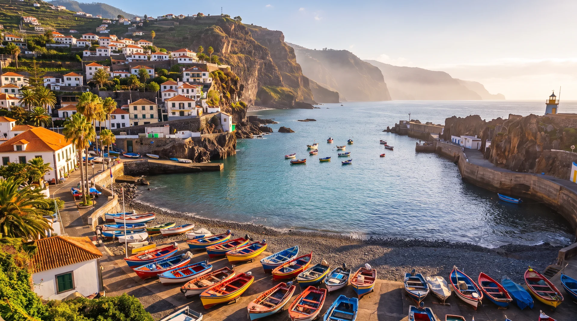 Painted fishing boats drawn up on the pebble beach at Camara de Lobos, Madeira