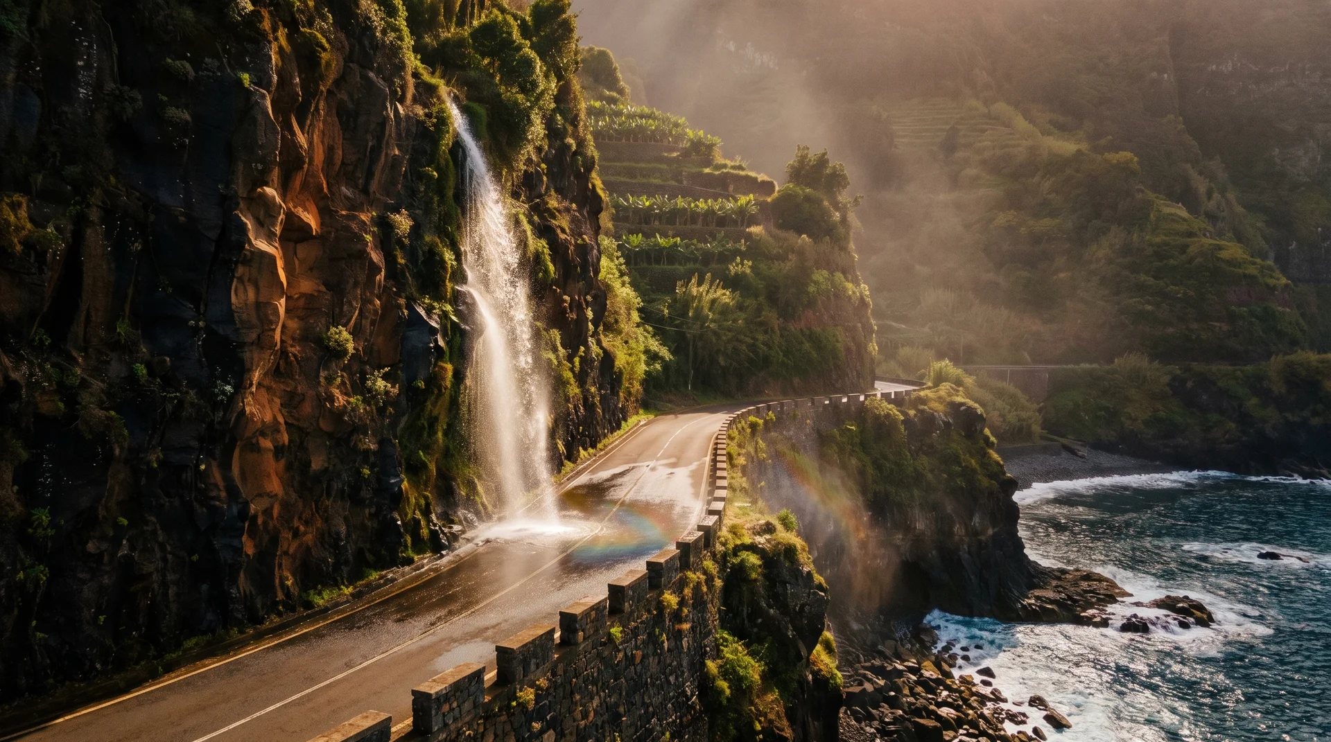 The Cascata dos Anjos waterfall falling onto the coast road, Madeira