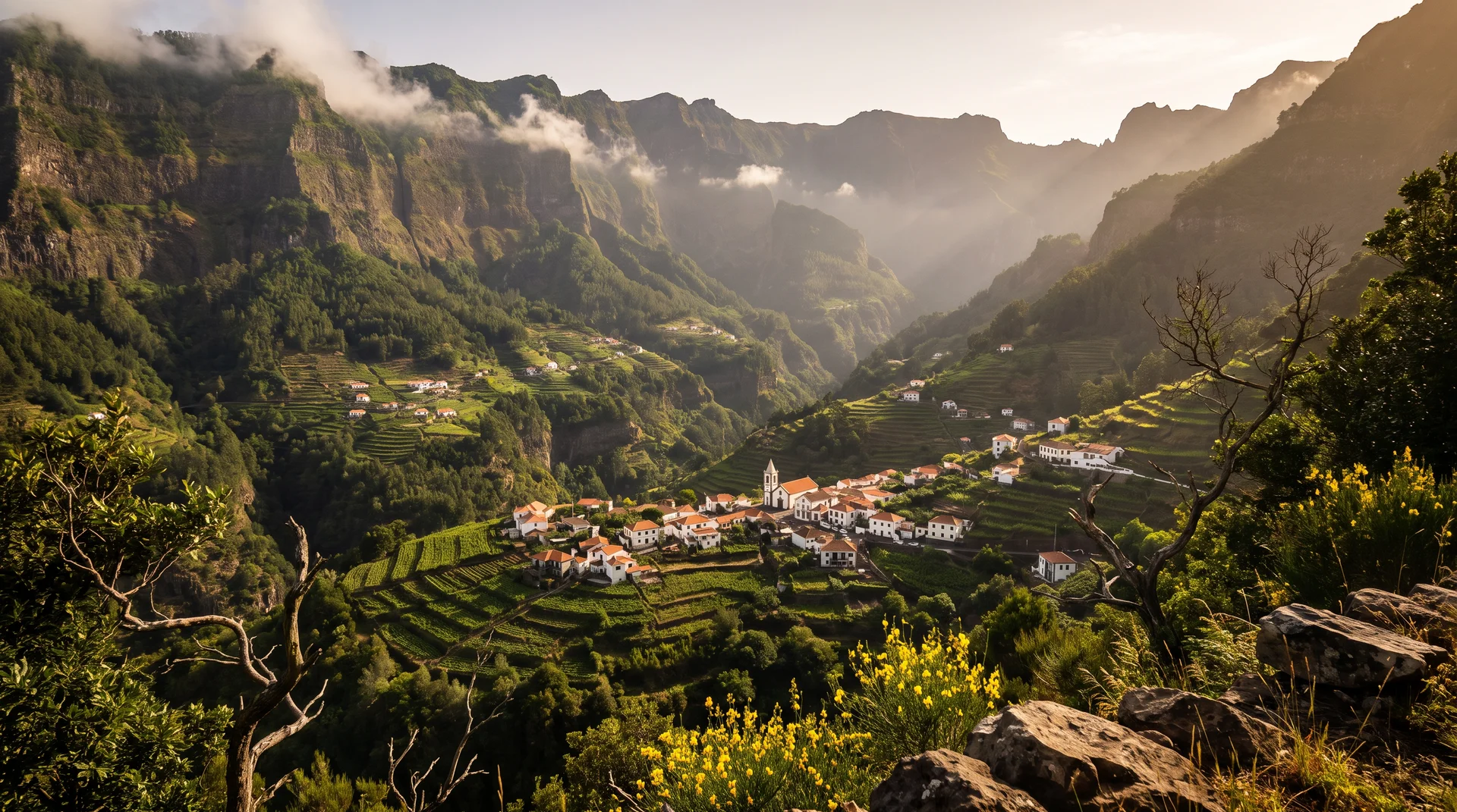 Curral das Freiras and its terraces deep inside a ring of mountain walls, Madeira