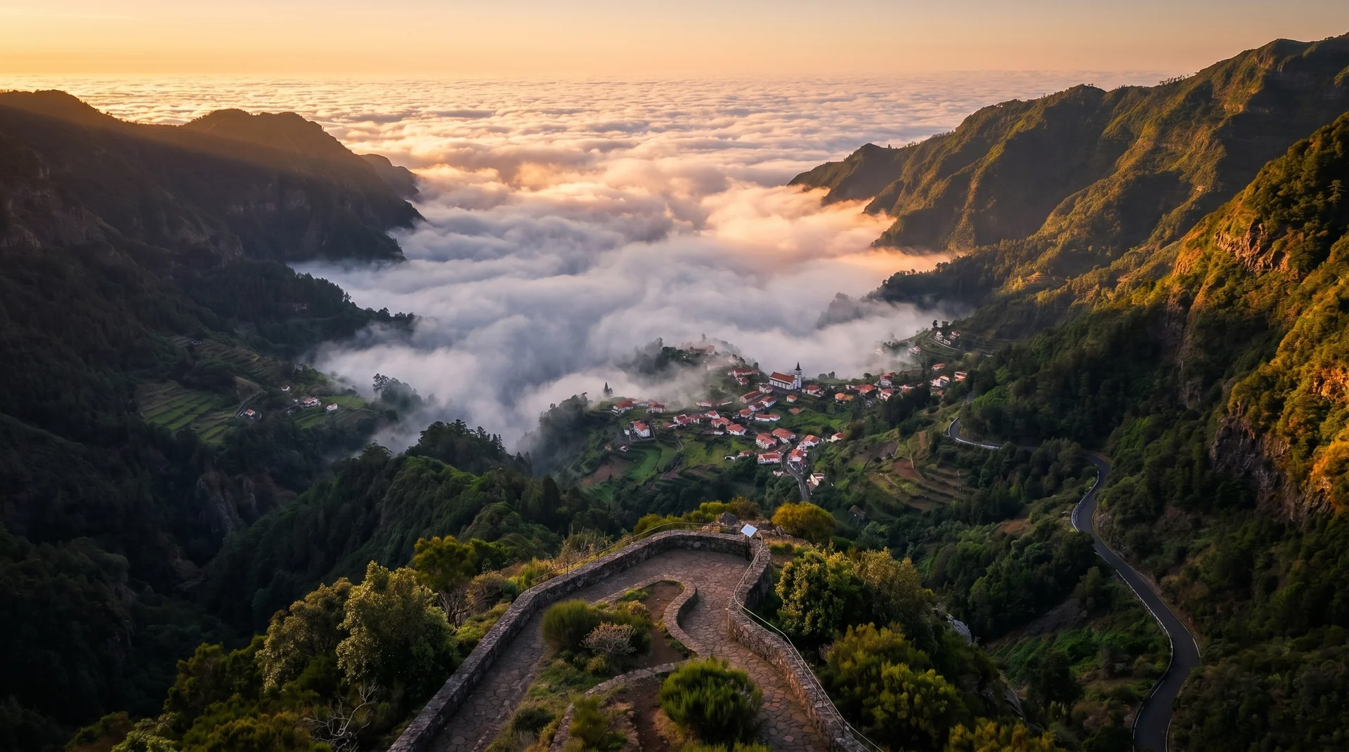 Curral das Freiras valley filled with cloud at dawn, Eira do Serrado, Madeira