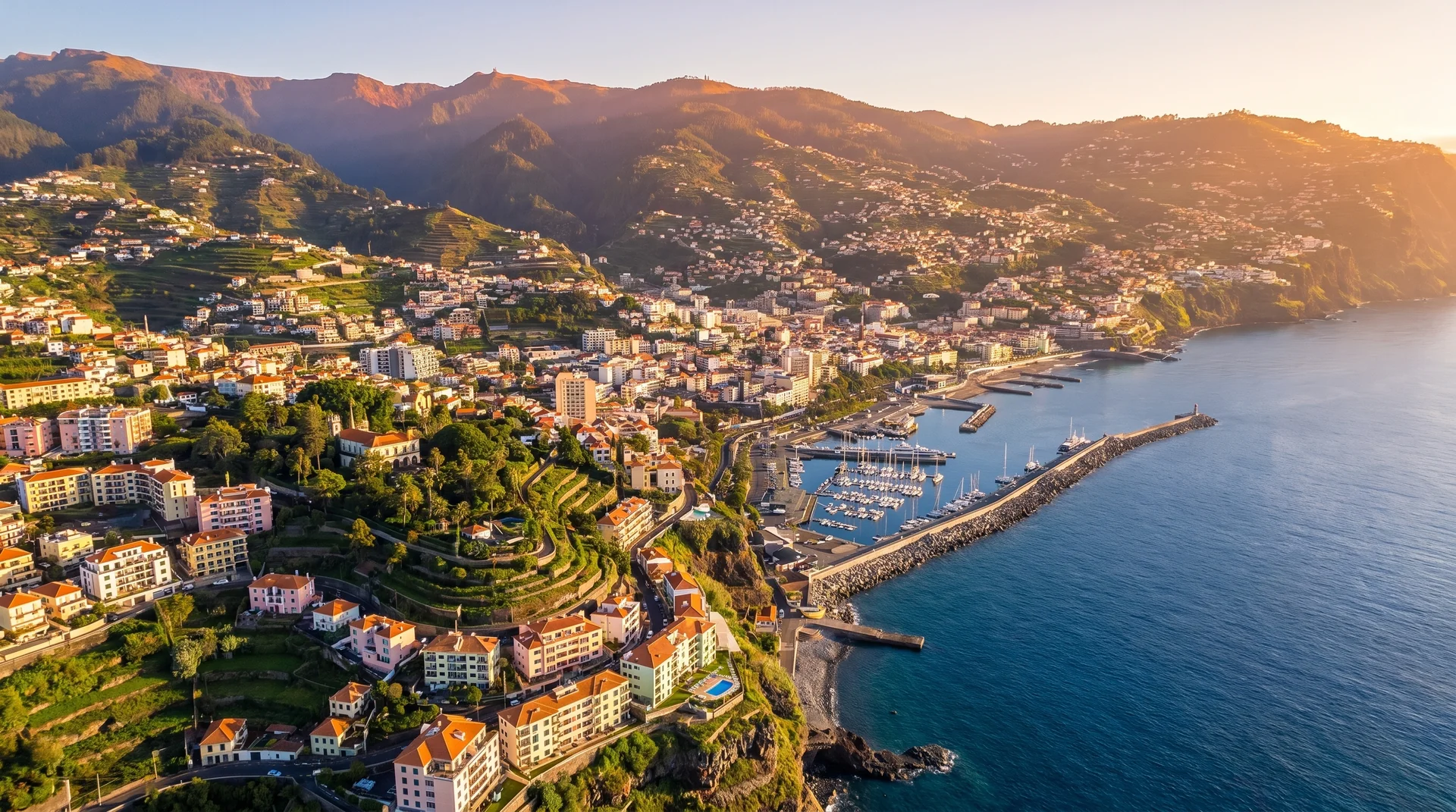 Funchal city amphitheatre and harbour at golden hour, Madeira