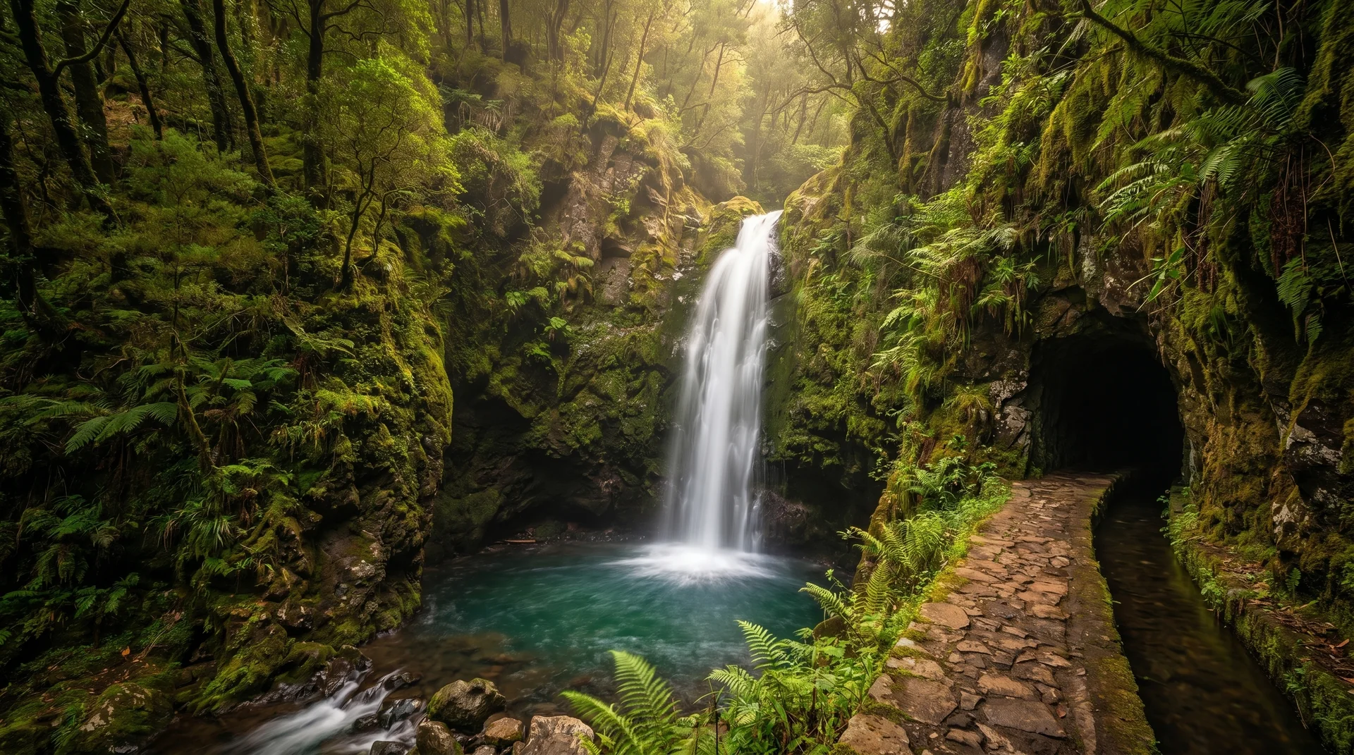 Caldeirões waterfall and levada in northeast Madeira
