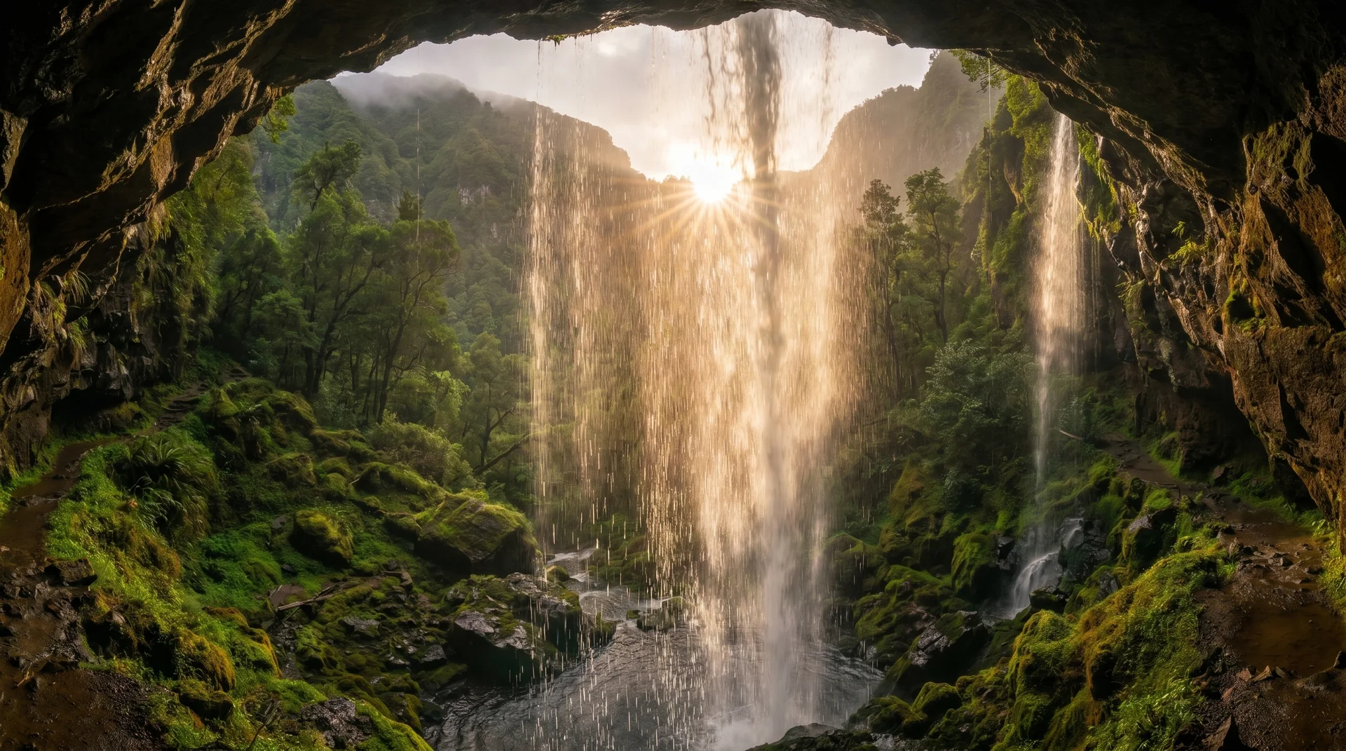 Nova Lombada waterfall viewed from behind the cascade, Madeira
