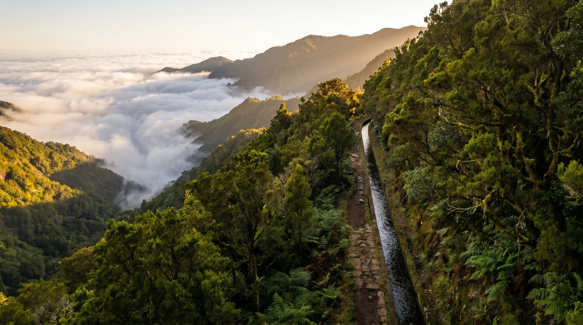 Levada do Norte through forest valley with cloud inversion, Madeira