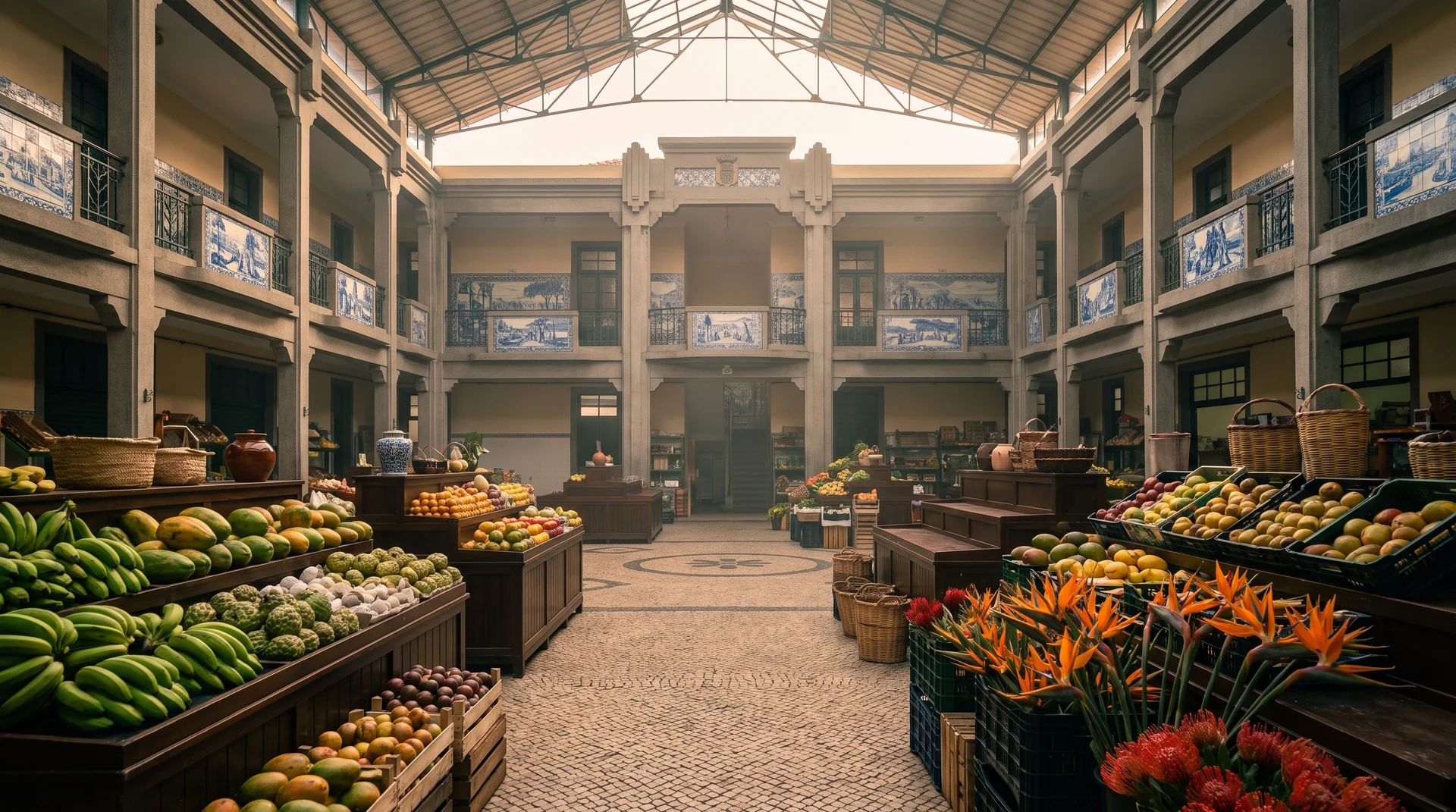 Produce stalls and azulejo panels in the courtyard of Mercado dos Lavradores, Madeira