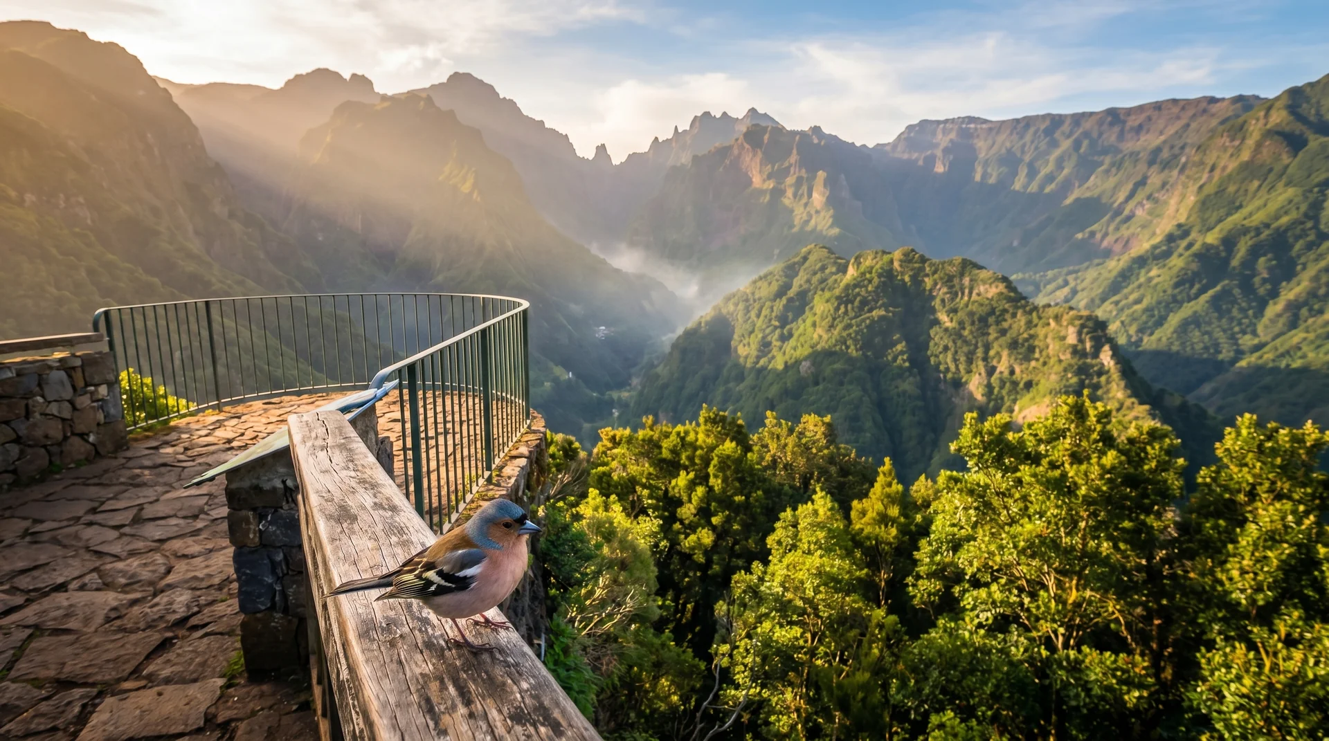 Miradouro dos Balcões with endemic chaffinch and Pico Ruivo beyond, Madeira