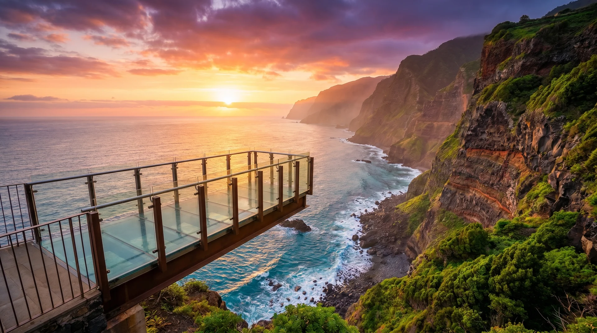 Miradouro do Guindaste glass walkway at sunrise over the eastern coastline, Madeira