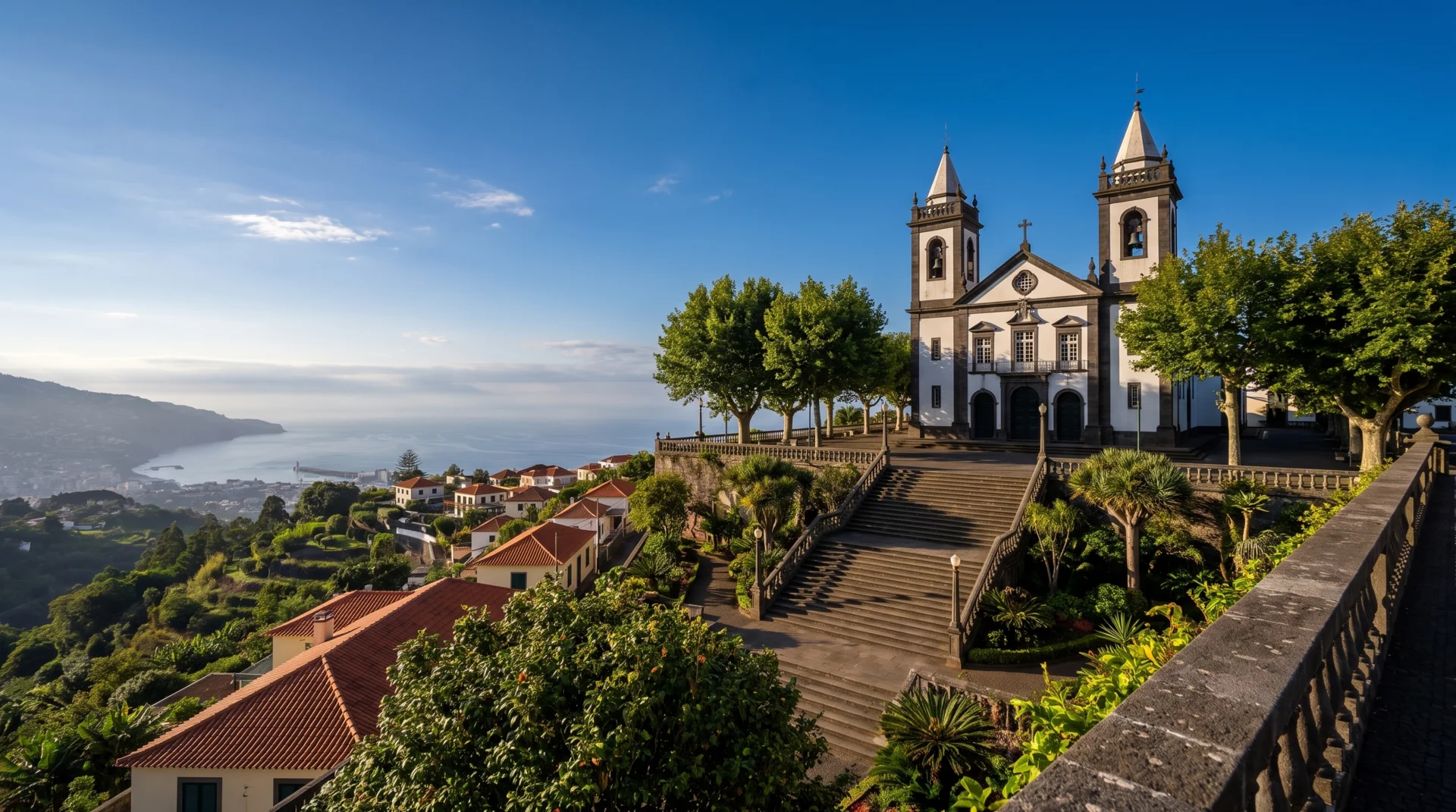 Nossa Senhora do Monte and its stone staircase above Funchal bay, Madeira