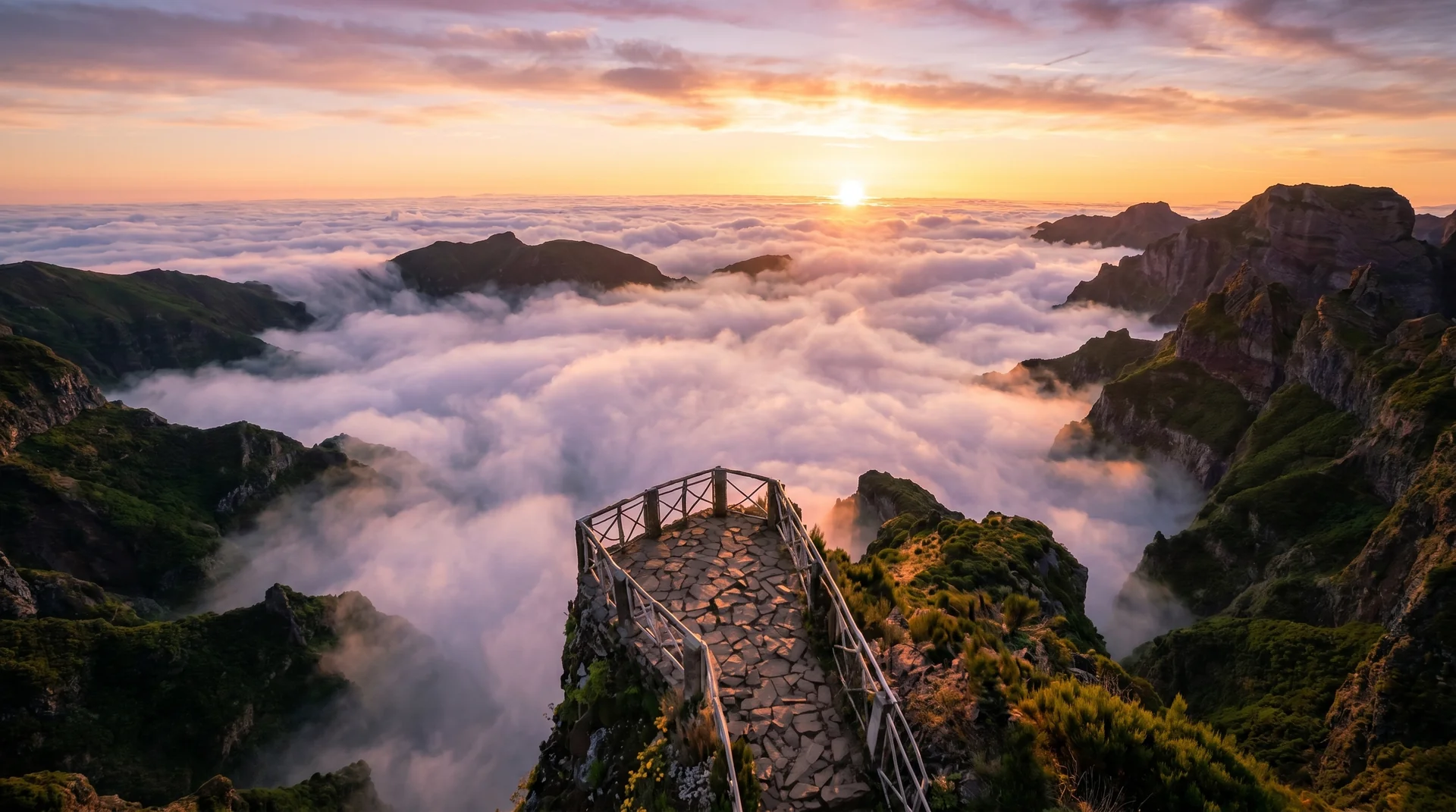 Ninho da Manta viewpoint looking across the Arieiro ridge at sunrise, Madeira