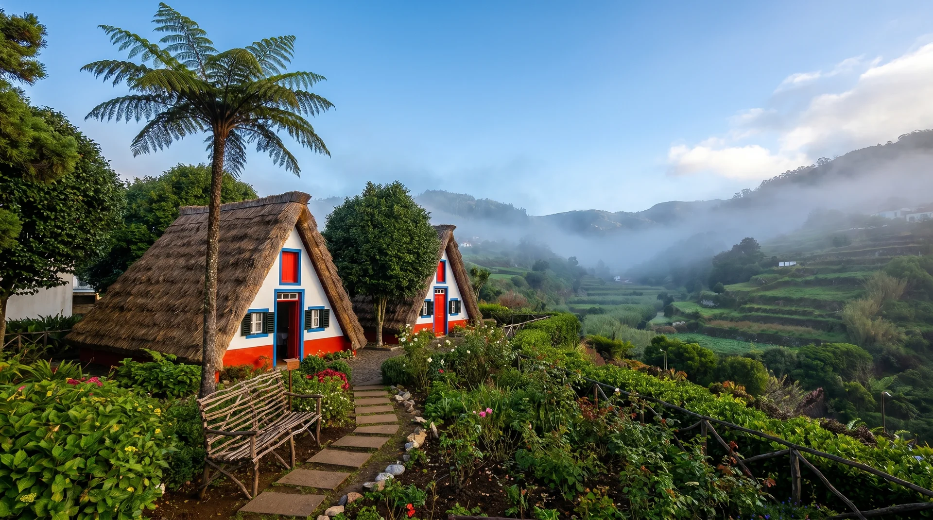 Santana valley with traditional A-frame thatched houses, Madeira