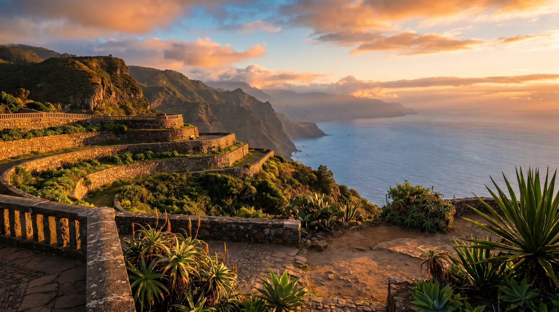 Paredão stacked miradouros and terraces in late-afternoon golden light, Madeira