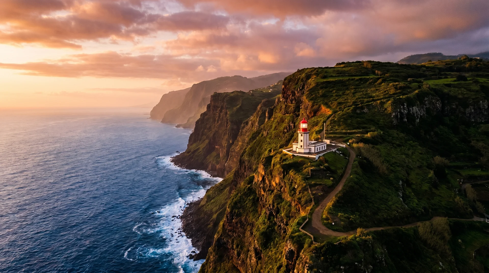 Ponta do Pargo lighthouse at golden hour above Atlantic cliffs, Madeira