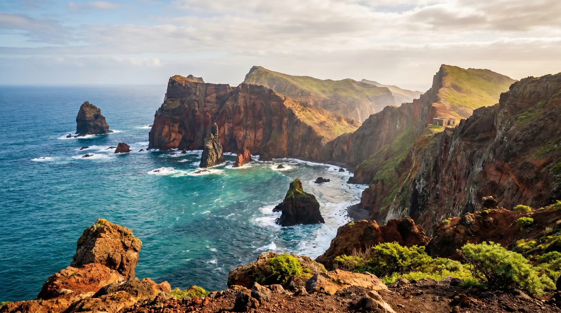 Ponta de São Lourenço volcanic cliff formations in morning light, Madeira