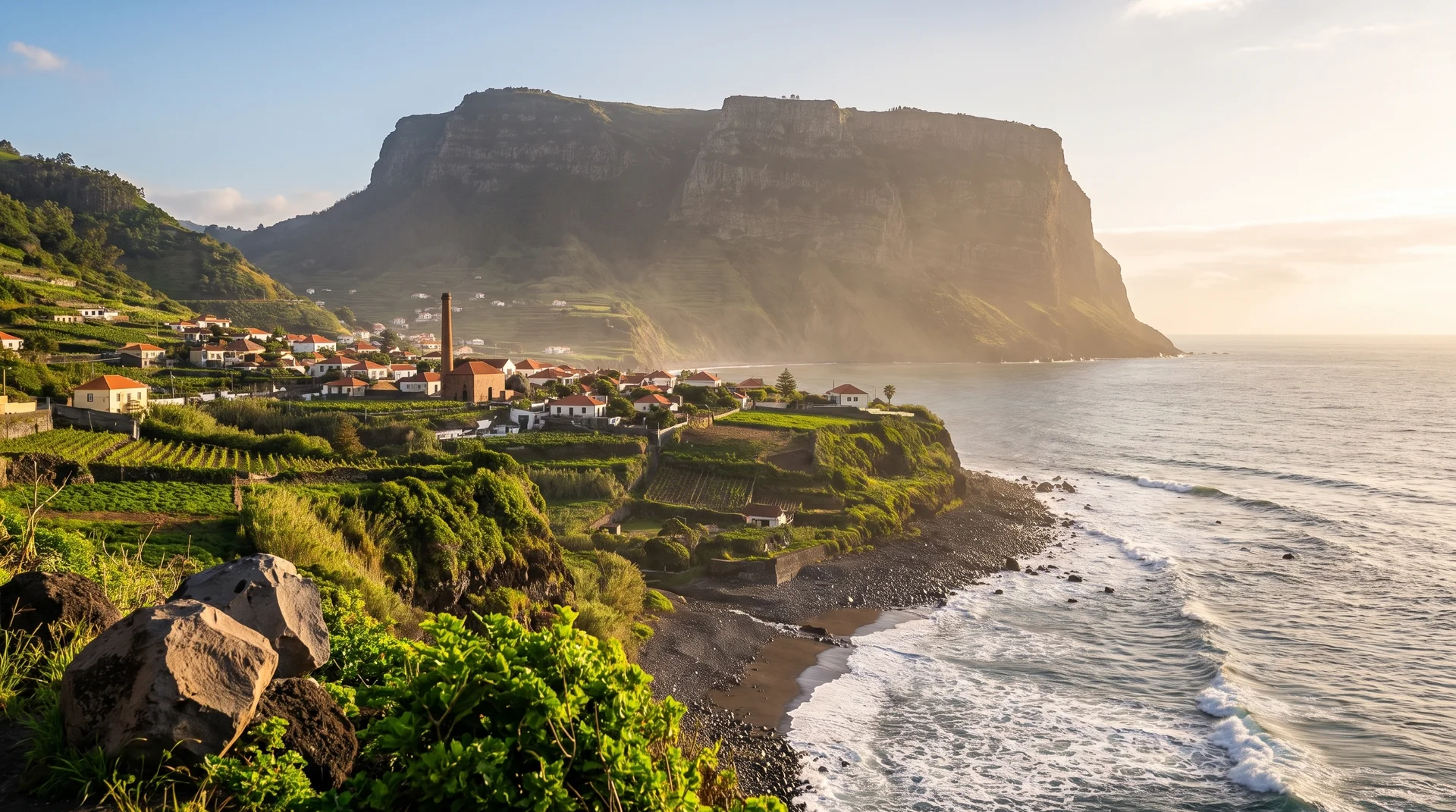 Porto da Cruz and its sugar-mill chimney below the Penha de Aguia rock, Madeira