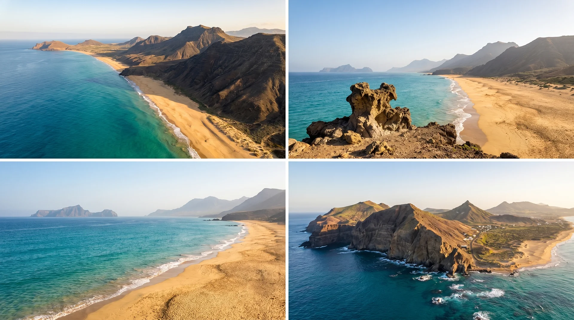 Porto Santo golden sand beach and volcanic mountains