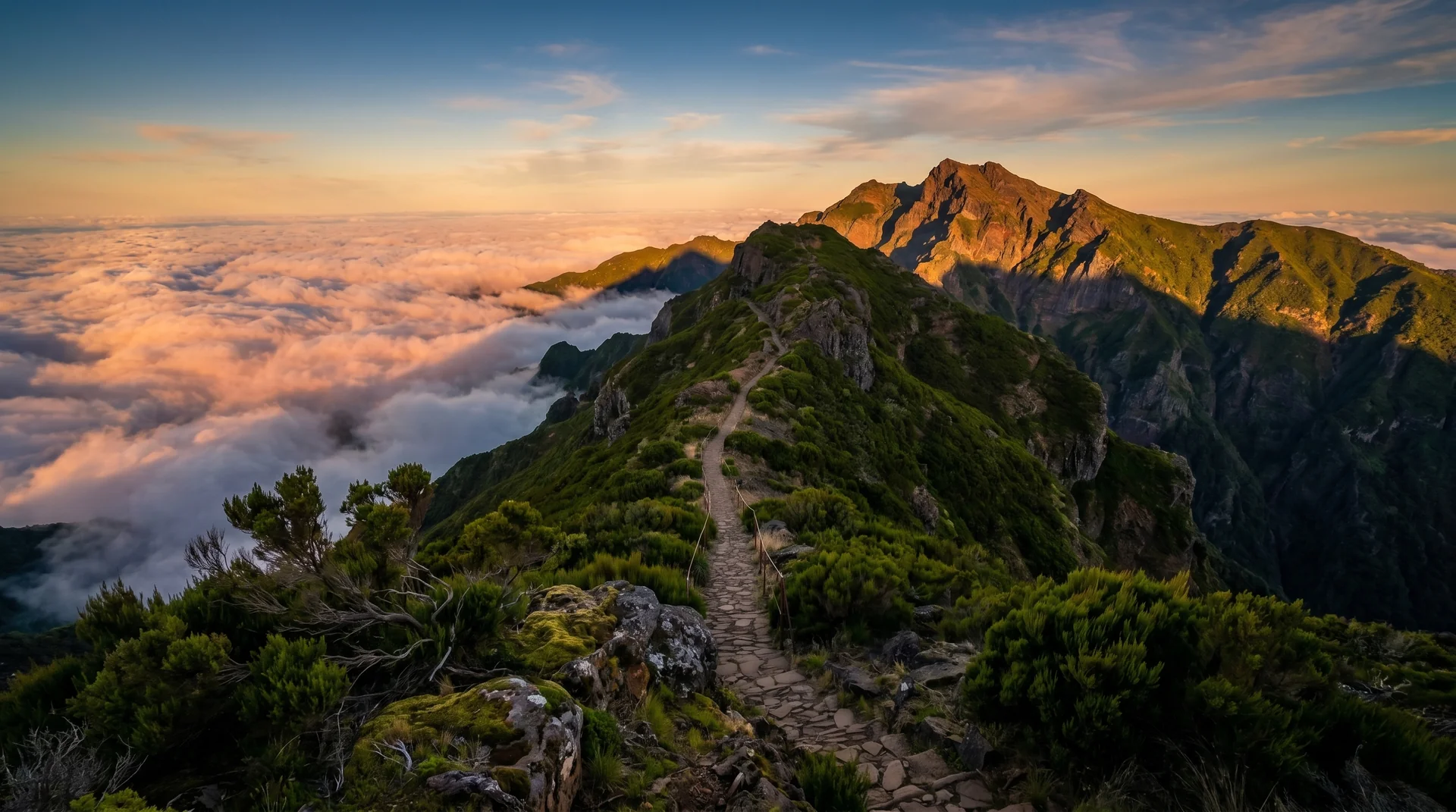 Vereda da Ilha approach to Pico Ruivo through endemic heath, Madeira