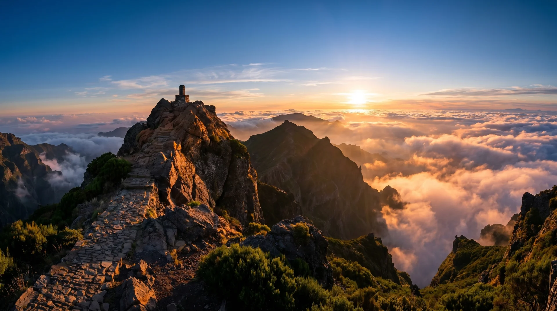 Pico Ruivo summit at sunrise above the cloud sea, Madeira