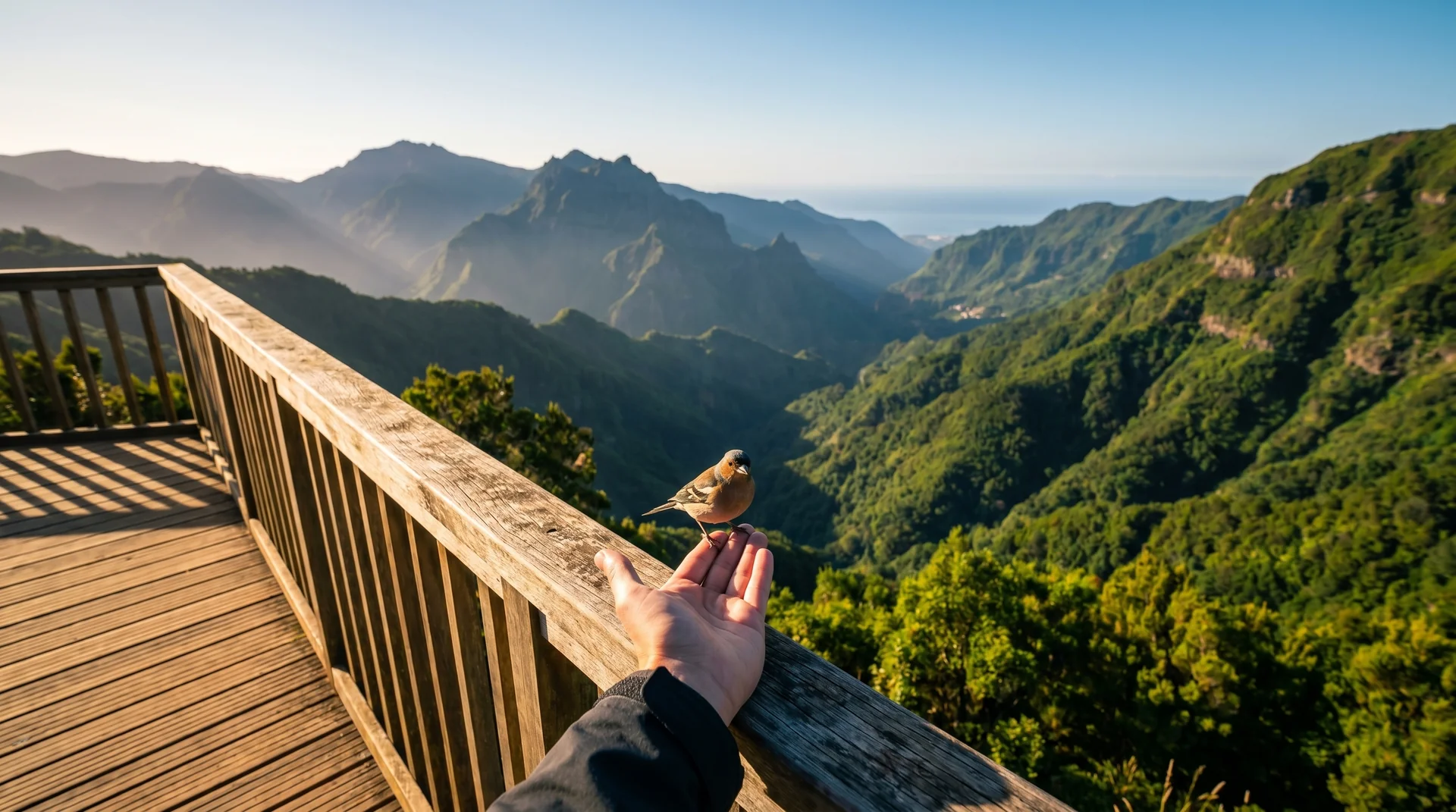 Balcões viewpoint platform with Pico Ruivo and endemic chaffinch, Madeira