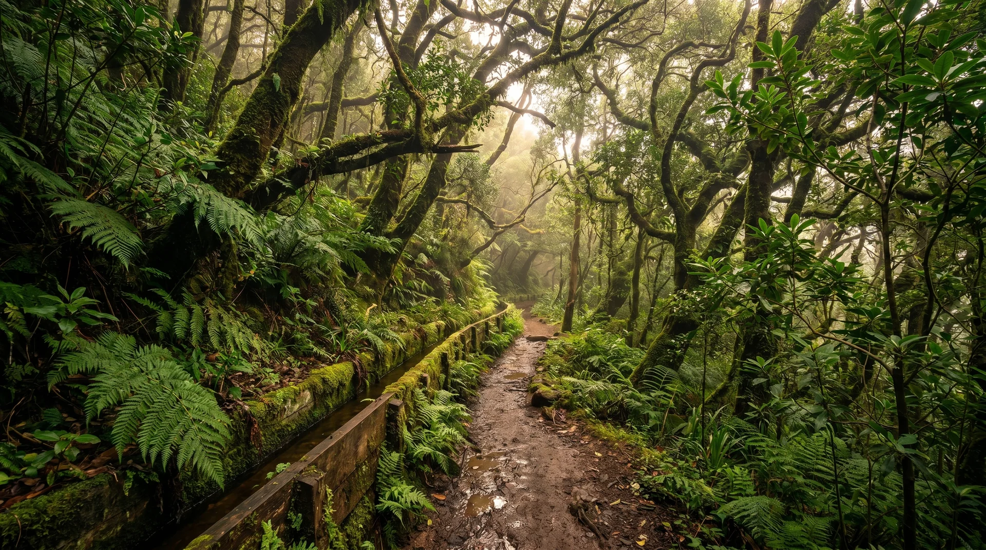 Levada da Palha Carga through dense laurisilva forest, Madeira