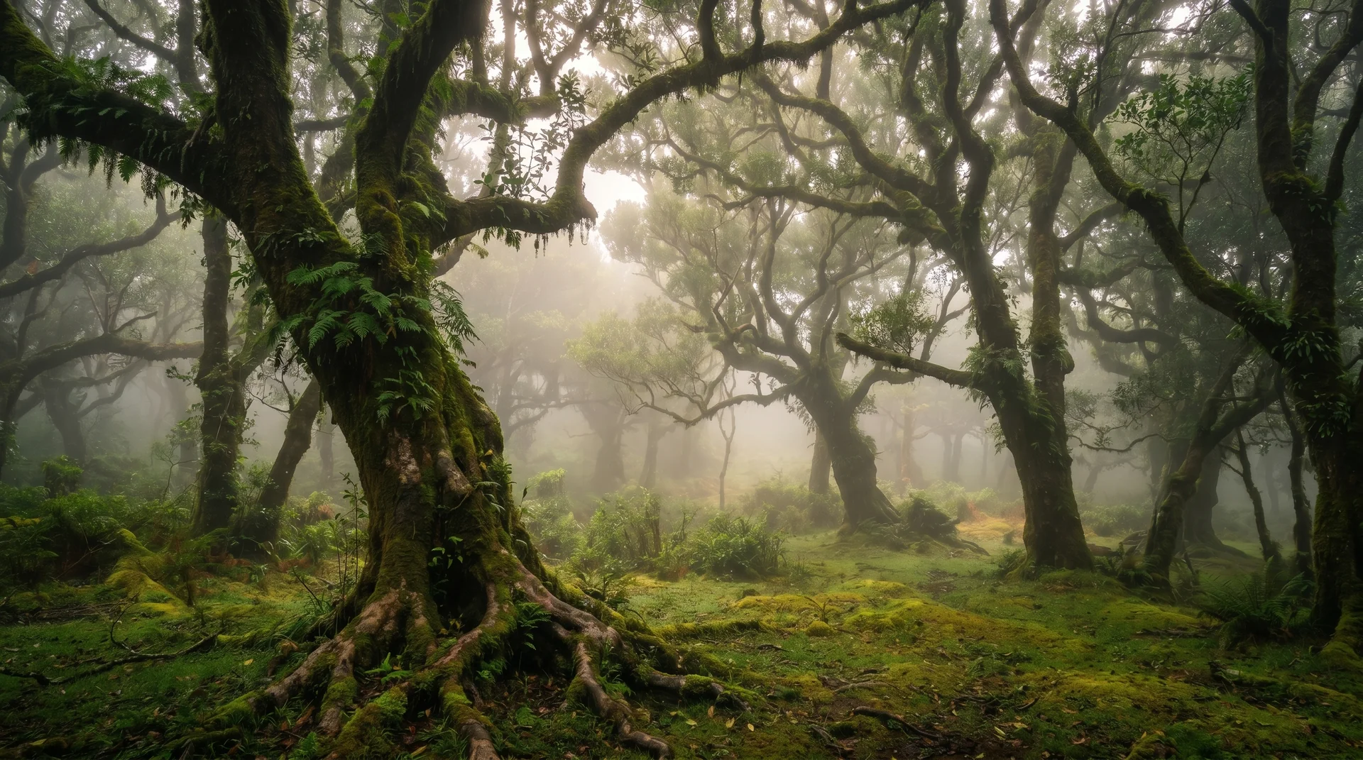 Fanal ancient laurel forest in thick morning fog, Madeira