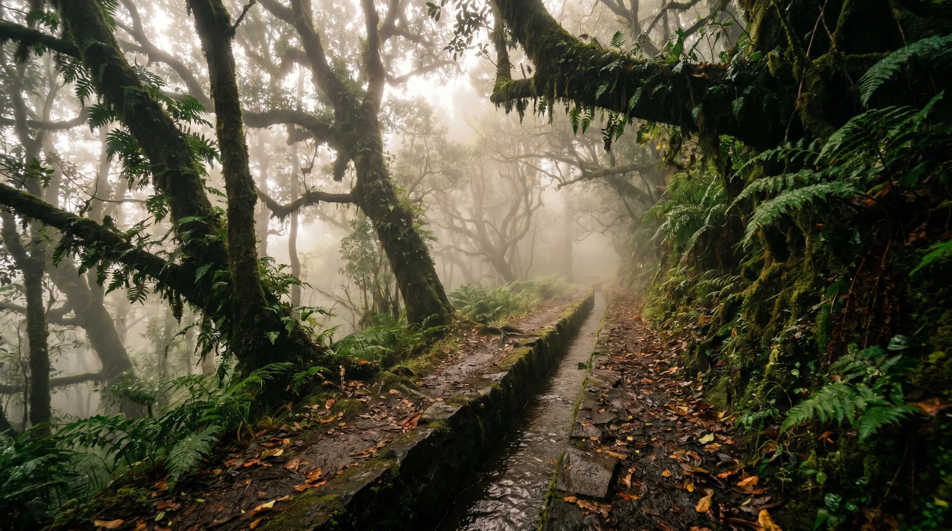 Levada dos Cedros path through fog and ancient laurel forest, Madeira