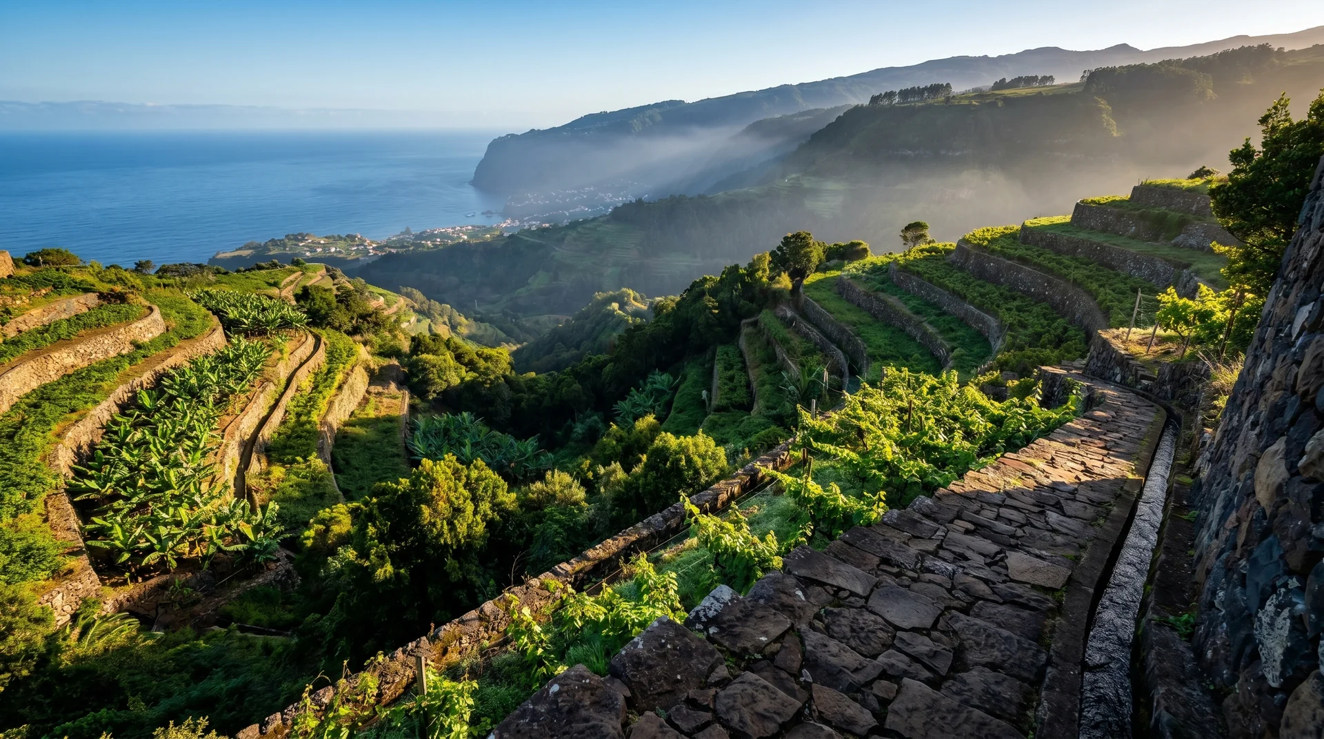 Terraced descent to Ribeira da Janela on the west coast, Madeira