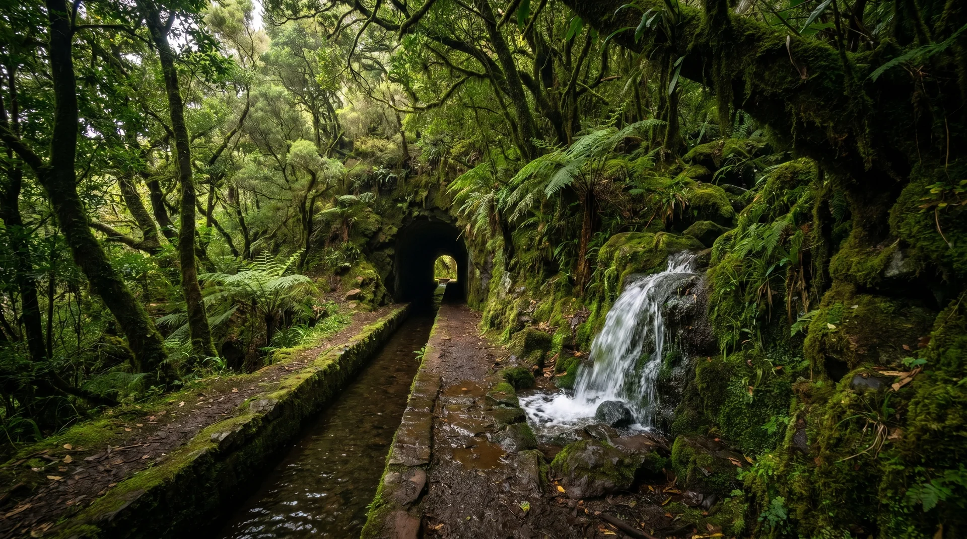Levada da Fajã dos Rodrigues jungle interior with tunnel and cascade, Madeira