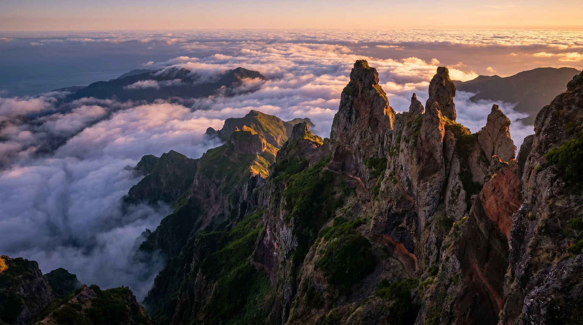 Pináculo jagged volcanic pinnacles on the Folhadal ridge, Madeira