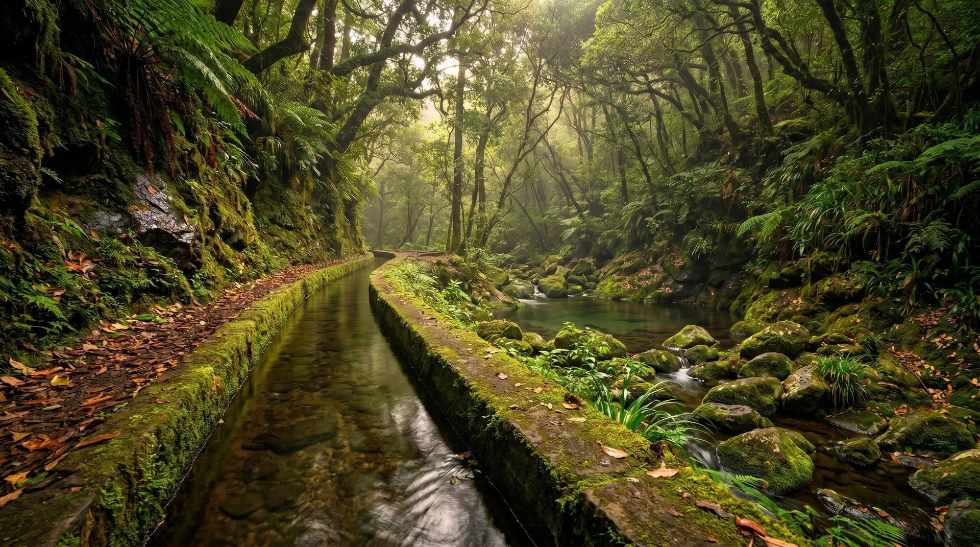 Levada do Rei reflecting UNESCO laurisilva canopy, Madeira