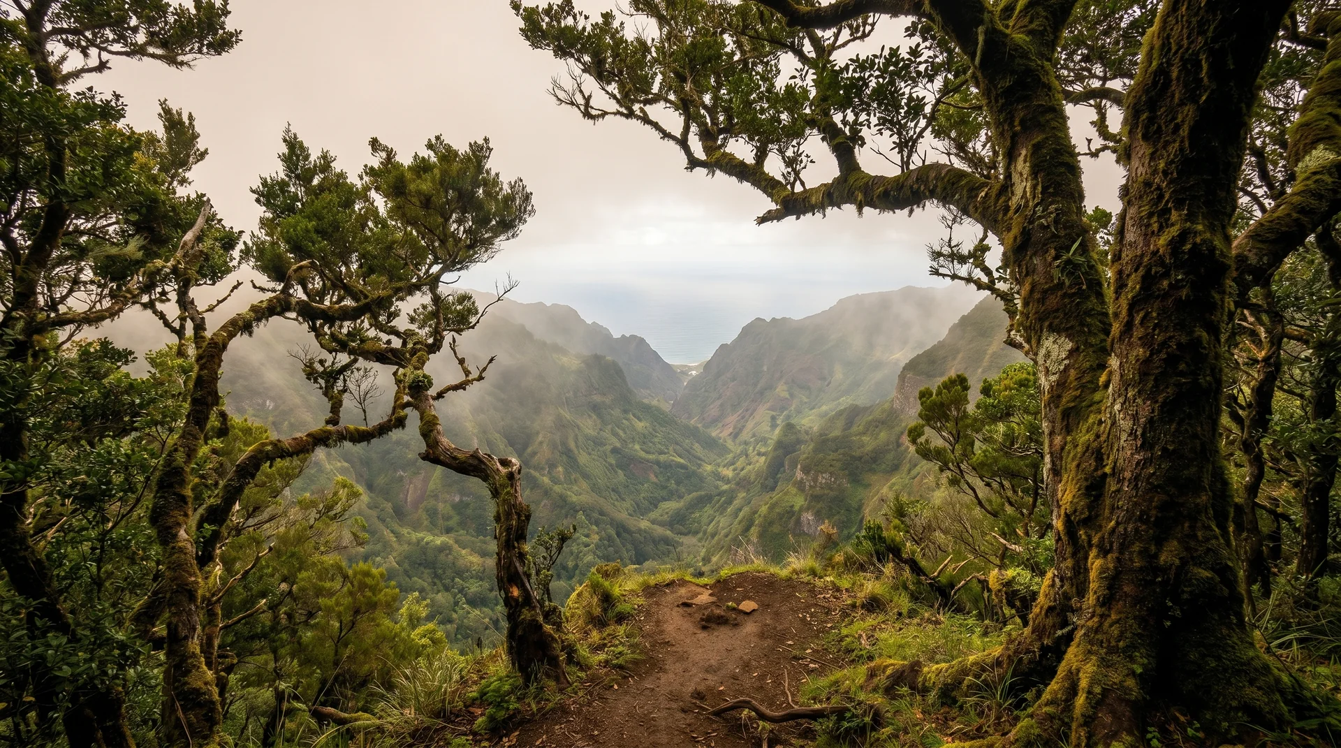 PR22 Chão dos Louros valley viewpoint framed by mossy trees, Madeira