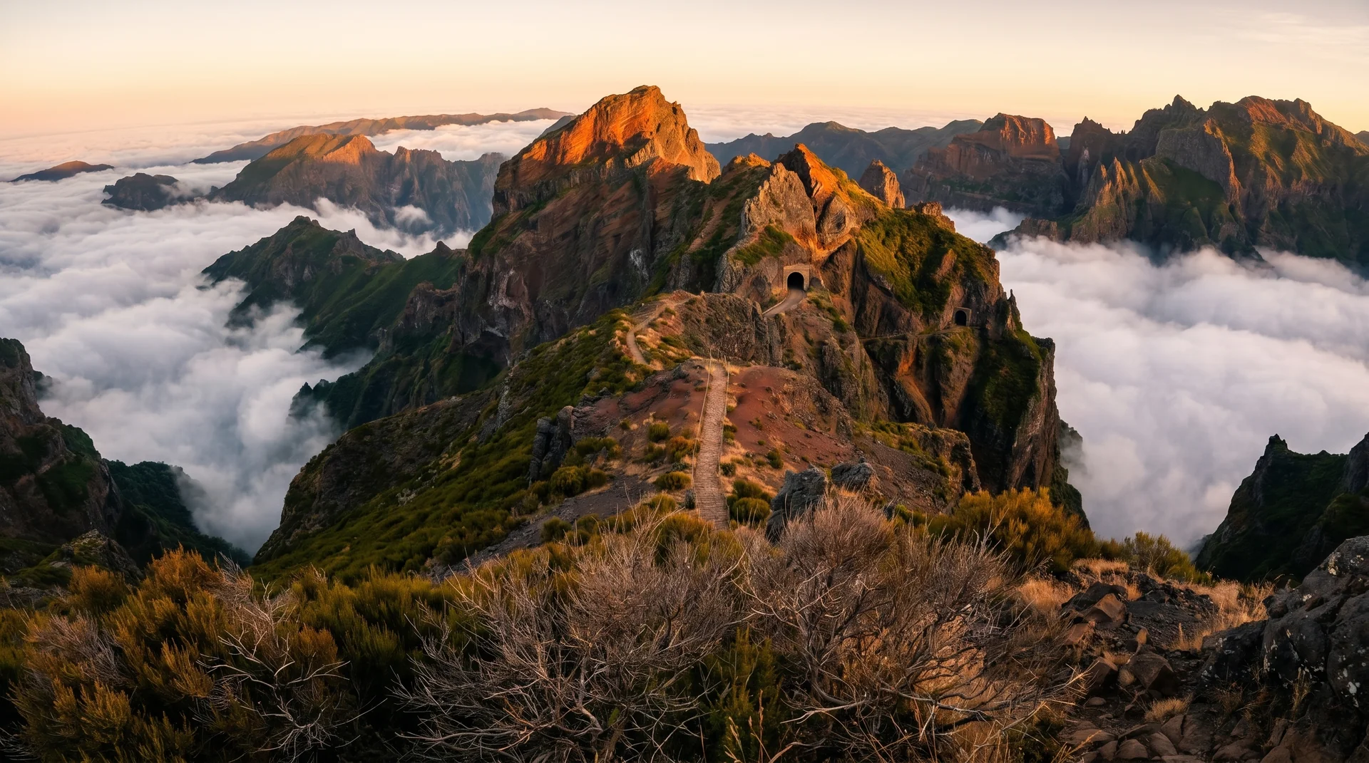 PR3 ridge traverse at dawn with cloud sea filling both valleys, Madeira