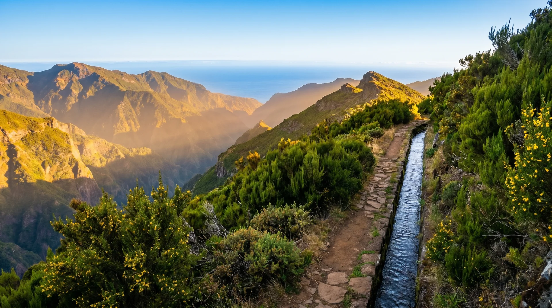 Levada do Barreiro high-altitude open path with mountain panorama, Madeira