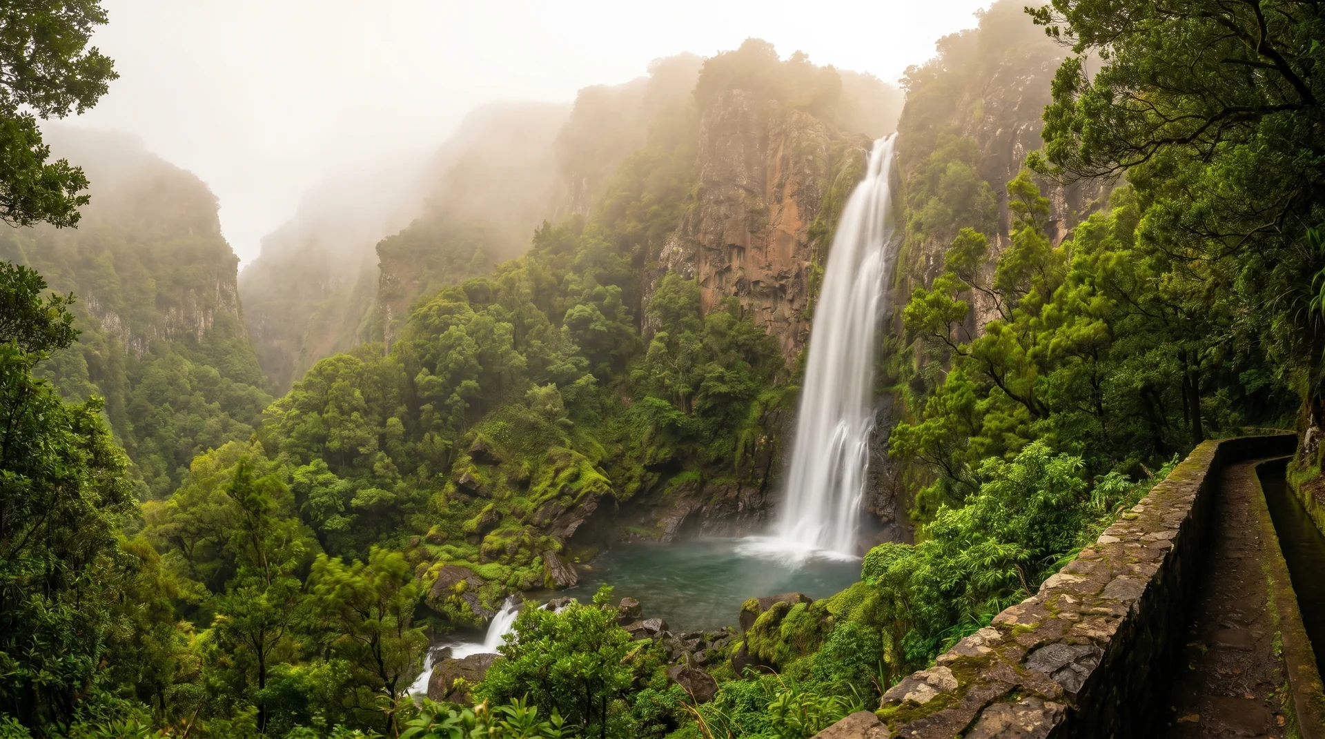 Risco waterfall plunging over the cliff face, Rabacal, Madeira