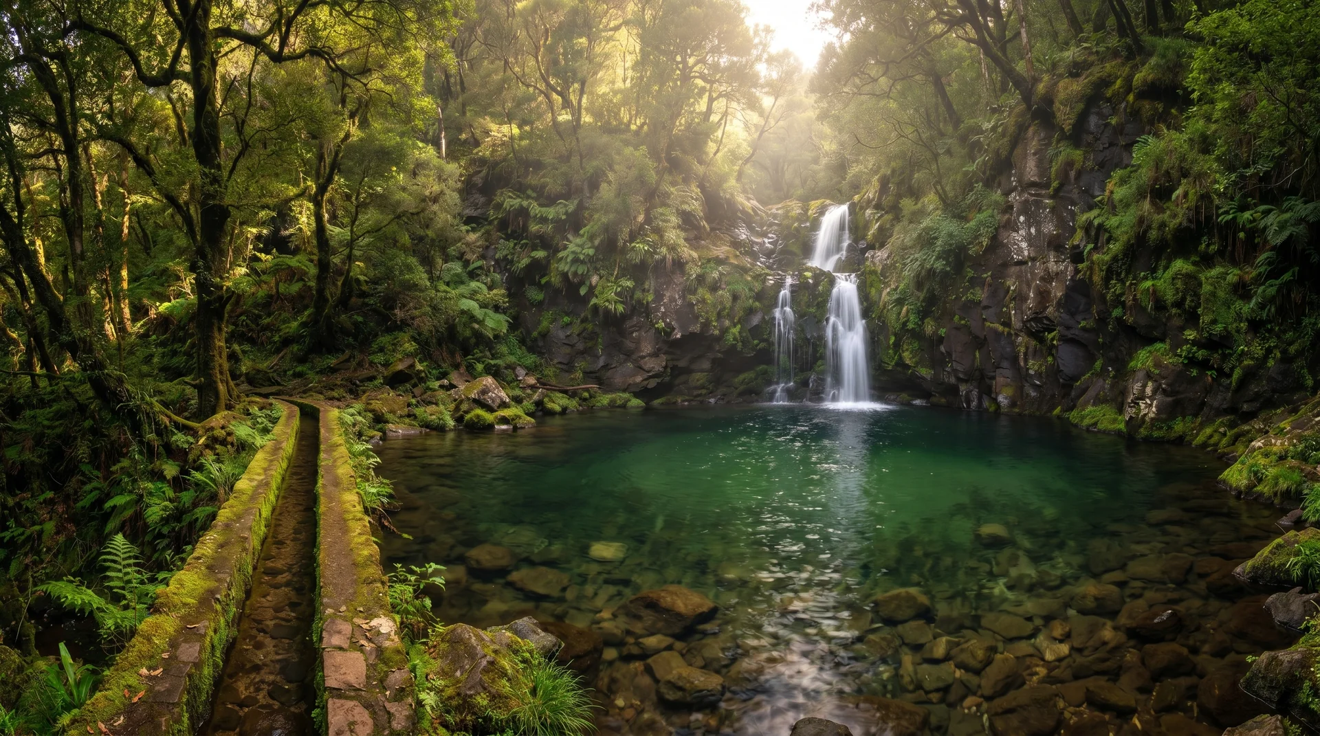 Lagoa do Vento emerald swimming hole, Levada do Alecrim, Madeira