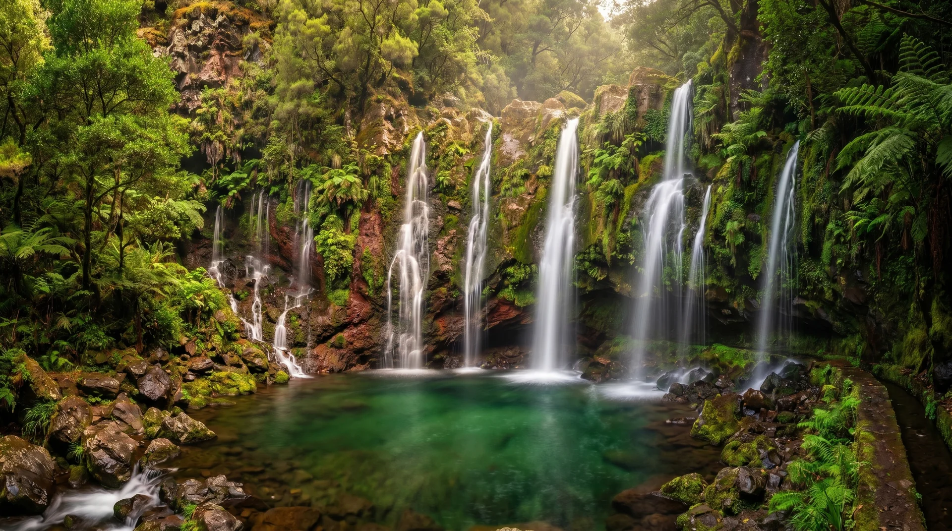 25 Fontes waterfall amphitheatre with emerald pool, Rabacal, Madeira