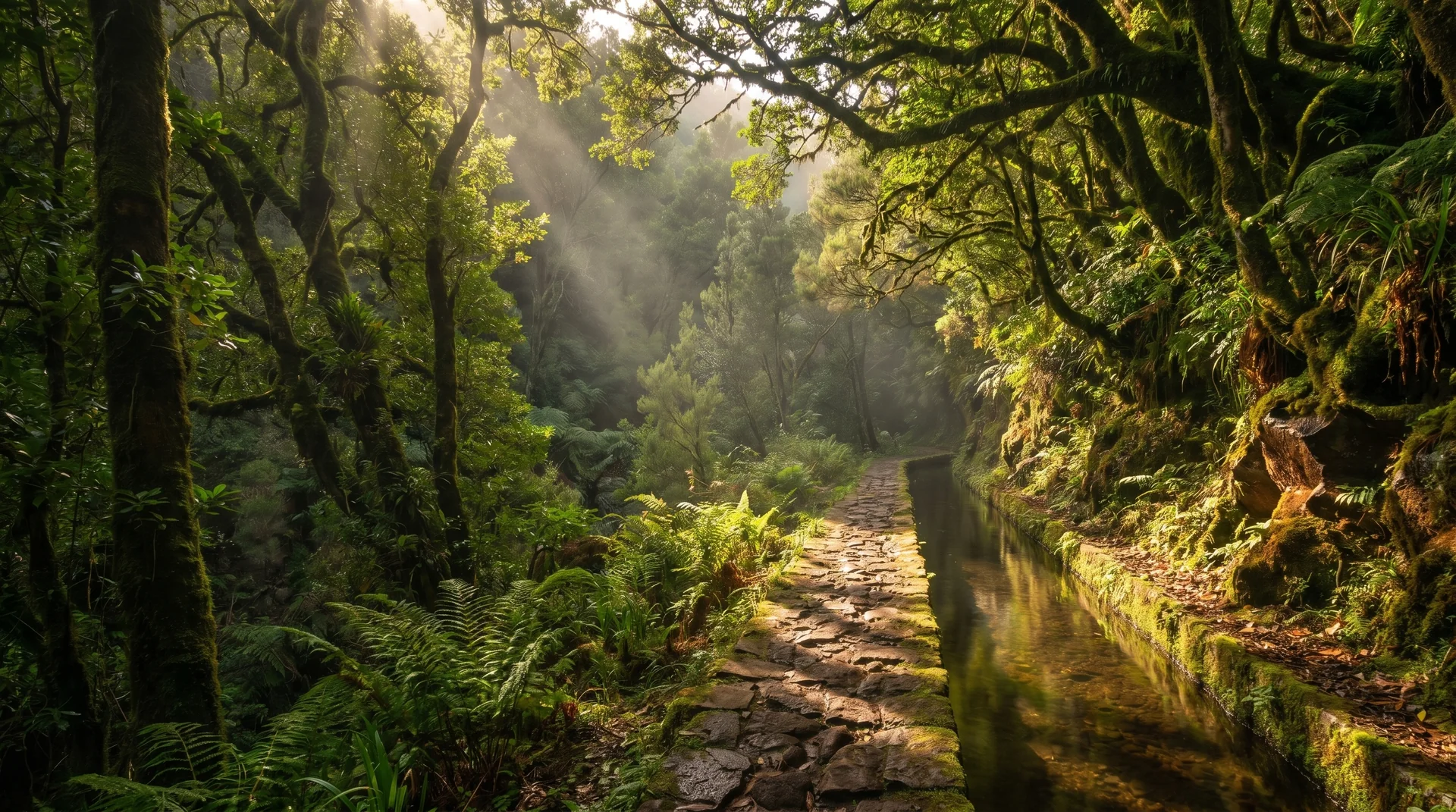 Levada Velha do Rabacal with sunbeams through the laurel canopy, Madeira