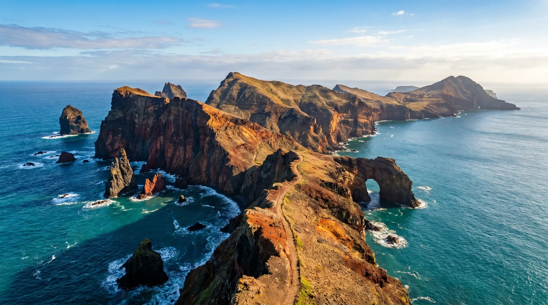 PR8 São Lourenço trail along volcanic red cliffs with turquoise sea, Madeira