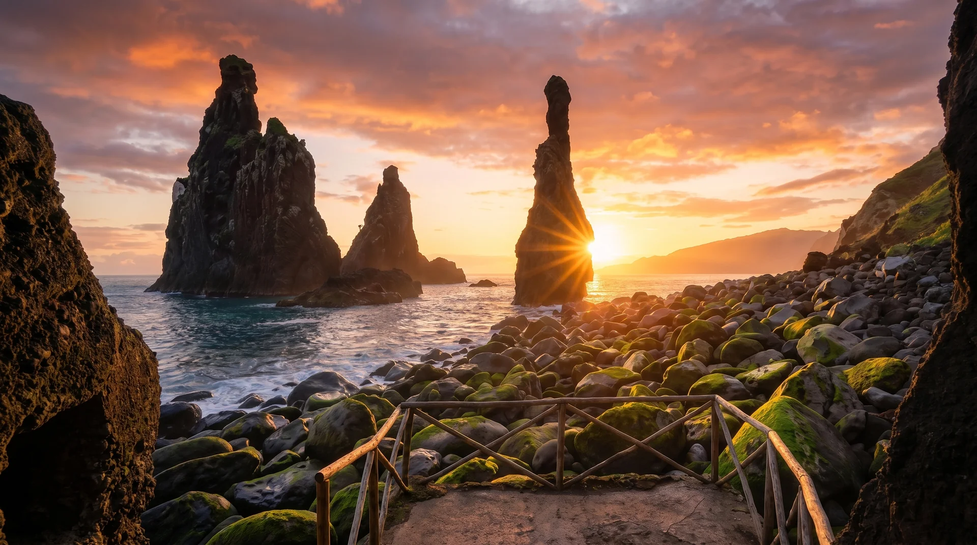 Ribeira da Janela volcanic sea stacks at sunrise, north Madeira