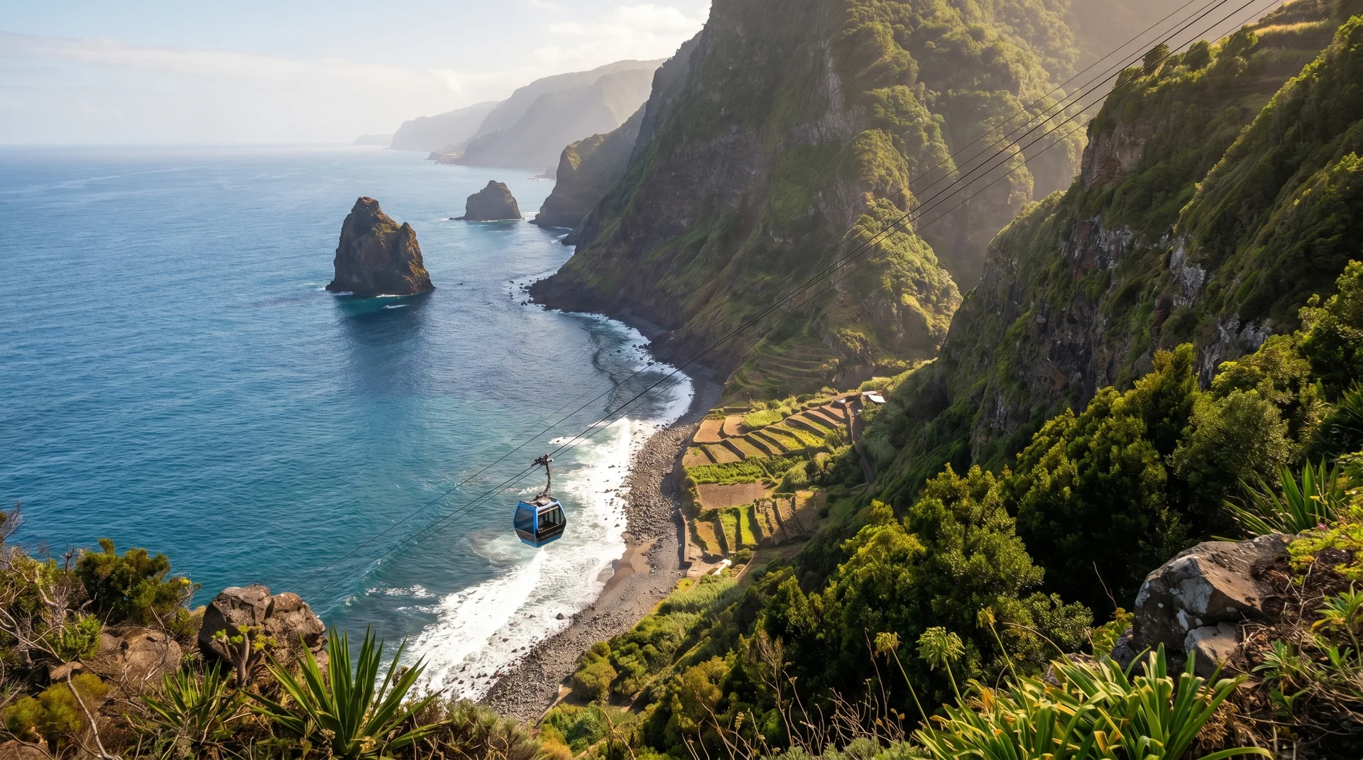 Rocha do Navio cable car and north coast cliff panorama, Madeira