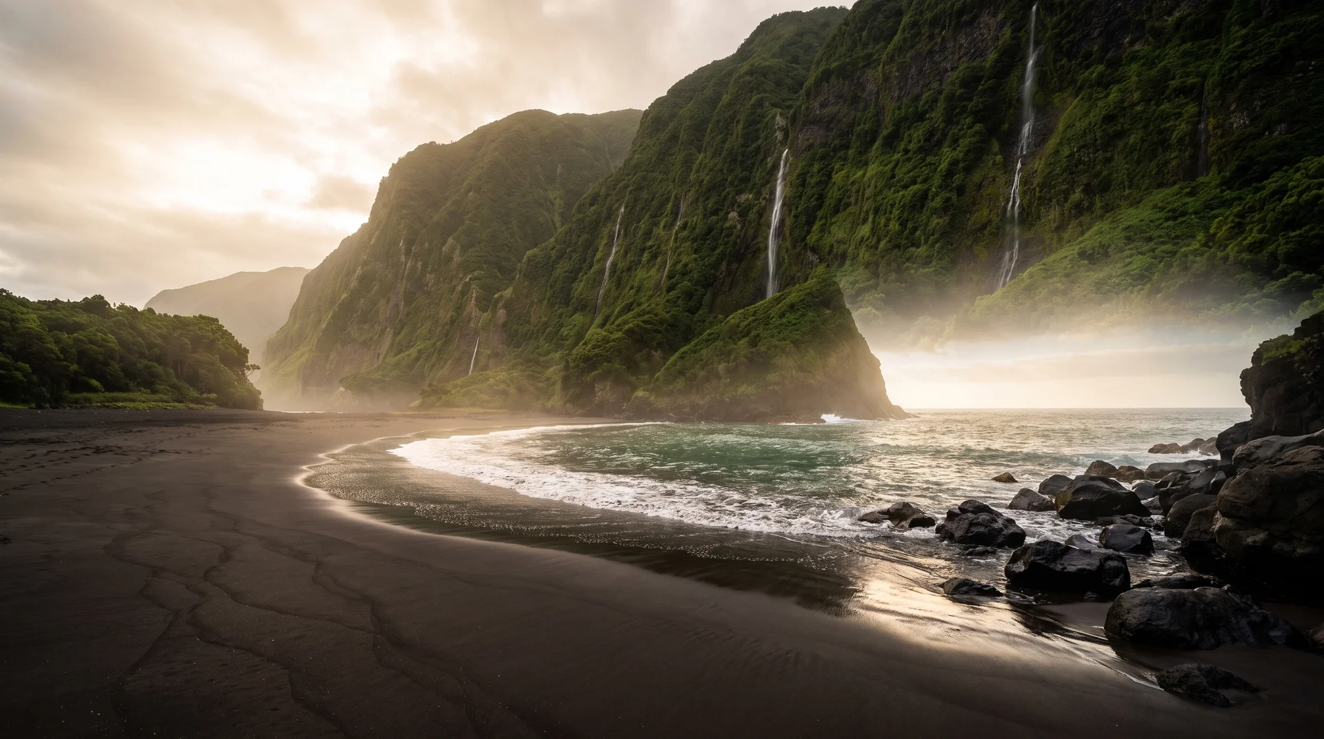Black volcanic sand at Seixal below cliffs streaked with waterfalls, Madeira