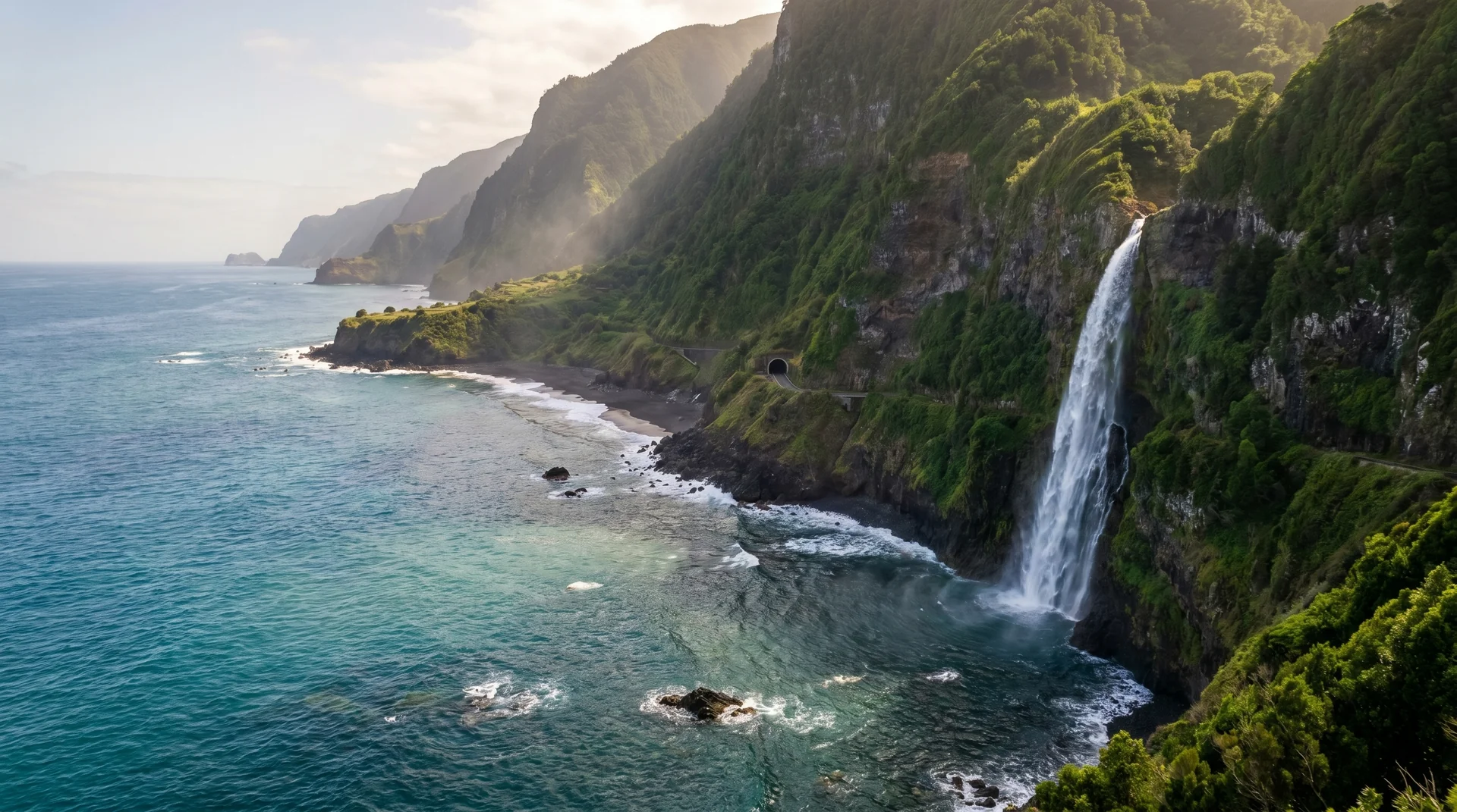 Véu da Noiva waterfall cascading into the sea at Seixal, north Madeira